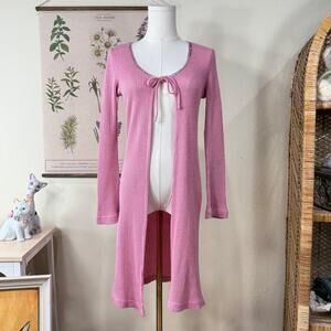 90s Y2k Pink Metallic Ribbed Long Cardigan Sweater Coquette Dolly Himekaji XS S
